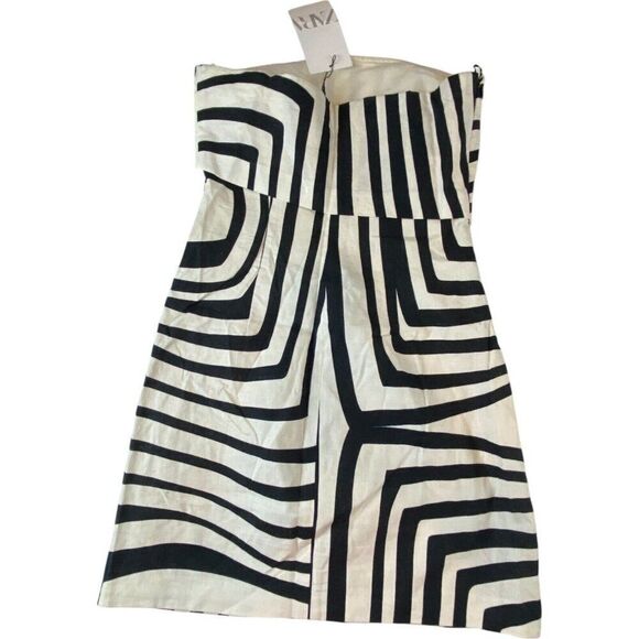 Zara Womens Dress XS Black White Linen Zebra Print Strapless 3297/441 NWT - Picture 3 of 7
